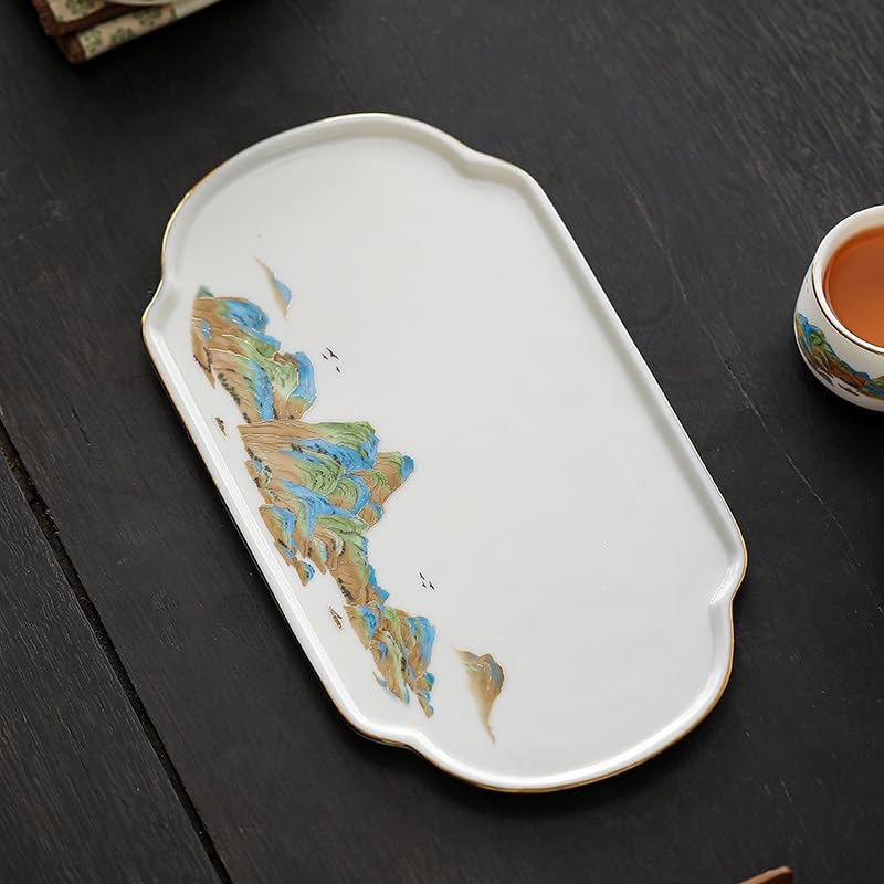 Bandeja para Servir Qianlijiangshan de Porcelana Blanca, Bandeja para almacenar Agua, Tetera de cerámica Sencilla, Bandeja pequeña para Comer en el Regazo (M)