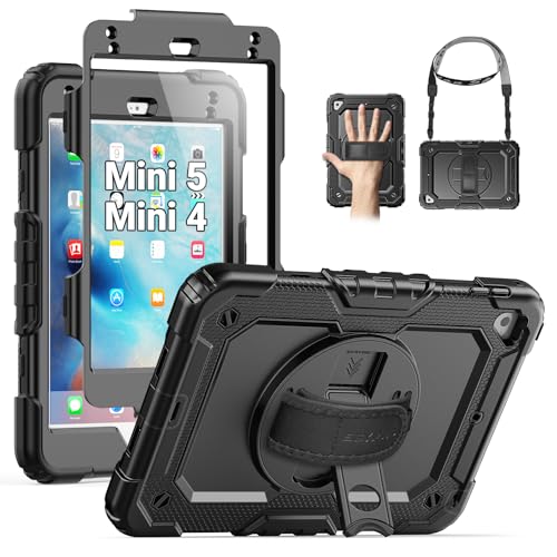 SEYMAC for iPad mini 5/ Mini 4 Case 7.9 Inch, Heavy Duty Shockproof Full-Body Protective Case with Screen Protector, 360° Rotating Stand, Hand/Shoulder Strap for iPad mini 5th/ 4th Generation, Black