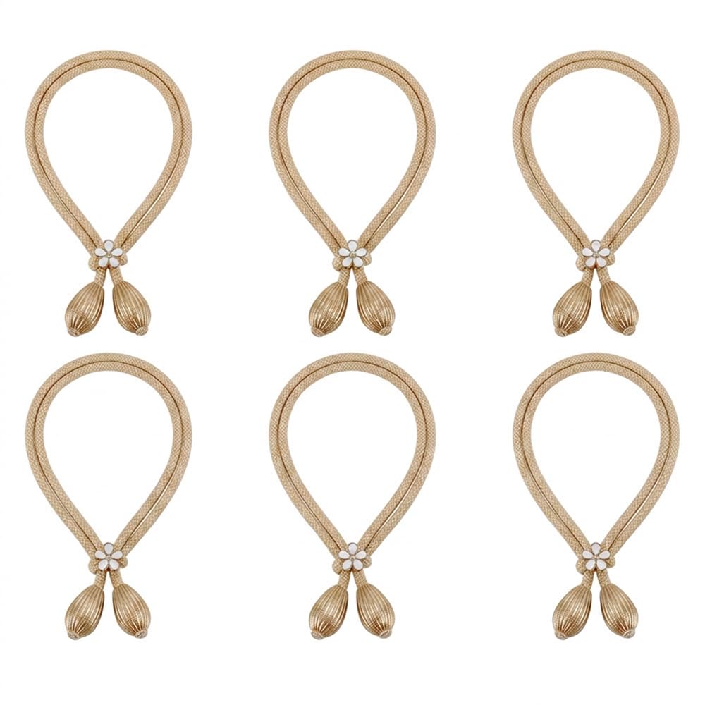 6 Pcs Adjustable Curtain Tiebacks, Silver Grey Braided Rope Curtain Holdbacks with Elegant Teardrop Ends & Flower Slider, No Drill Decorative Drape Ties for Living Room, Bedroom & Office (Champagne)