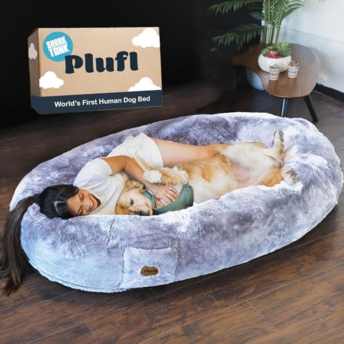 Plufl The Original Human Dog Bed for Adults Kids and Pets. As Seen on Shark Tank. Comfy Plush Large Bean Bag with Memory Foam Machine Washable and Durable. Perfect nap and Floor Bed - Arctic Grey