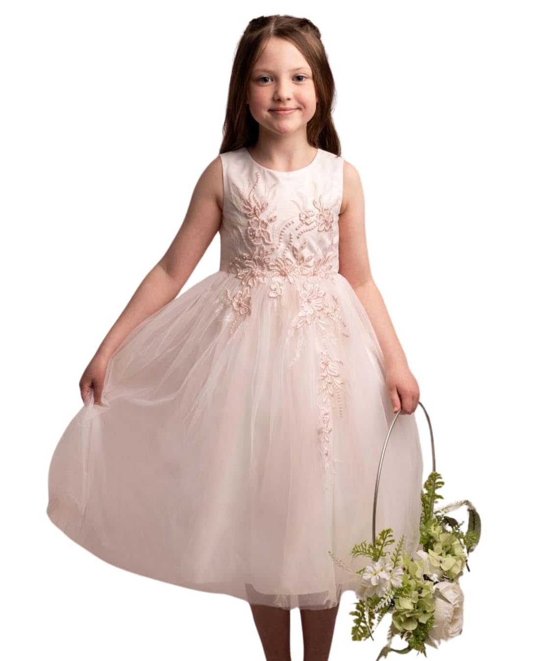 SIRRI Abito Ricamato Floreale da Bambina con Fiocco in Raso e Gonna in Tulle - Ideale per Eventi Formali