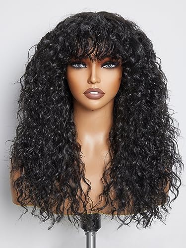 GORGIUS Veralux Blend Shaggy Haircuts Natural Black Curly Wig with Bangs Crafted with Style-Archive Technology: Premium Fiber & Remy Human Hair Blended, Realistic Look with True Scalp