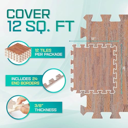 Yes4All 12,24,36 SQ.FT Wood Grain Puzzle Exercise Mat Protective Flooring, EVA Interlocking Foam Floor Tiles with Border for Home