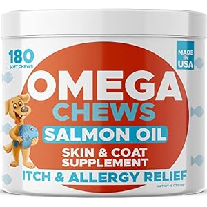 Omega 3 Alaskan Fish Oil Treats for Dogs 180 Ct Dry Itchy Skin Relief Allergy Support Shiny Coats EPADHA Fatty Acids Natural Salmon Oil Chews Promotes Heart Brain Hip Joint Support