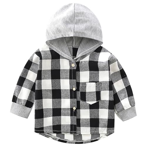 Kids Cotton Shirts Flannel Jacket Long Sleeve Boys Girls Classic Plaid Coat Hood Button Down Shirt Jacket Lightweight