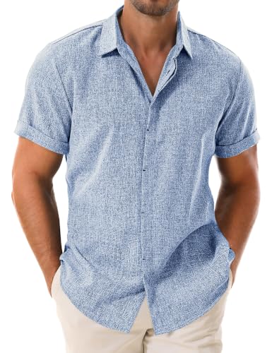 Drazivon Men's Linen Short Sleeve Button Down Casual Beach Shirts Blue 4XL - image 1