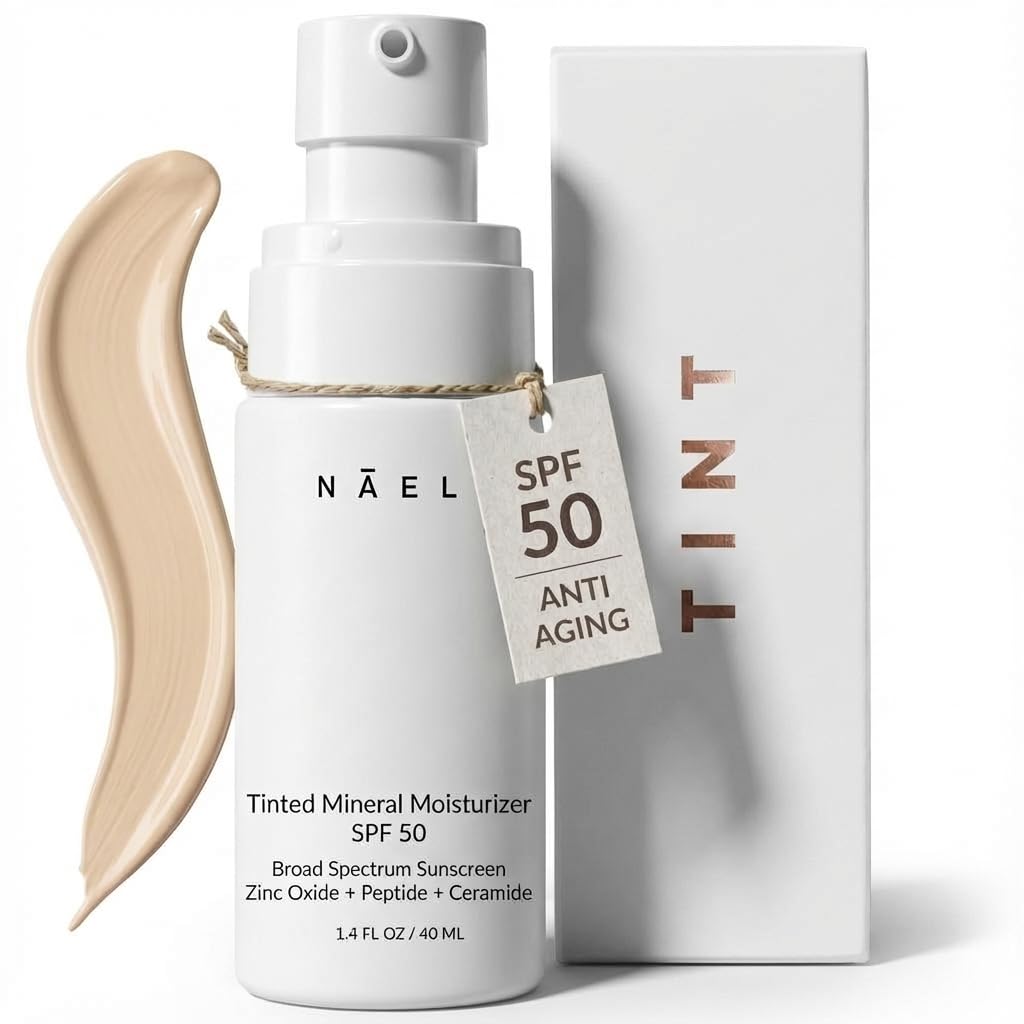 NAELI Anti Aging Tinted Moisturizer SPF 50 Mineral Sunscreen for Face with Zinc Oxide Peptides Ceramides Natural Hydrating