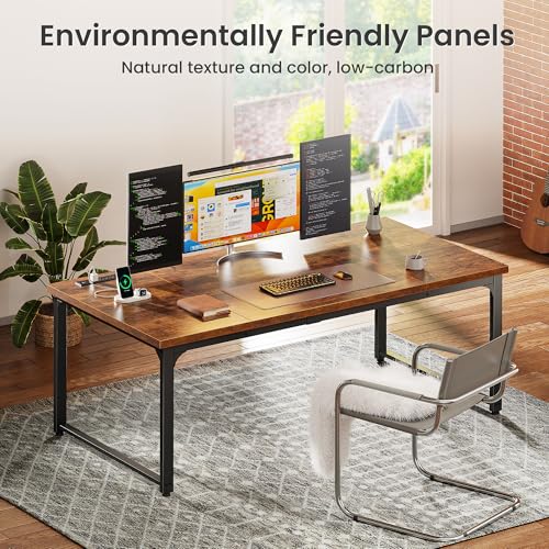 Huuger 63 x 31.5 inch Desk with Power Outlets & USB-C, 1.2 Inch Thicker Desktop, Robust Metal Tubes, Deep Computer Desk, Heavy Duty Office Desk, for Home Office, Rustic Brown