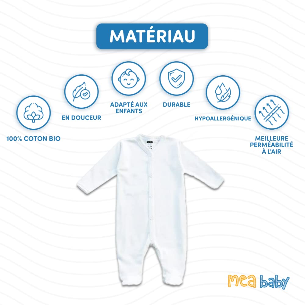 MEA BABY grenouillère bébé Unisexe 100% Coton Bio, Lot de 2, Blanche (crème), pour Filles et garçons (62)