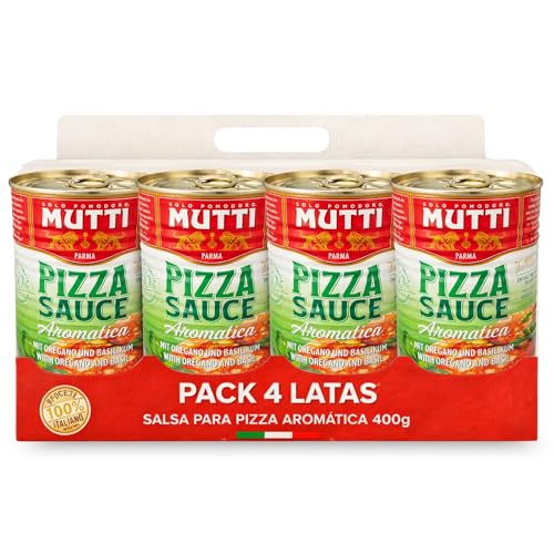 Salsa para Pizza Aromatizada Mutti, elaborada con Tomate 82,4%, agua, sal, albahaca 0,05%, orégano 0,04%, cebolla 0,03%, aroma natural, Sin Gluten, Sin Lactosa, Producto Italiano, 4 Latas de 400 gr