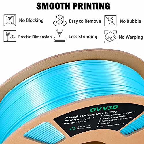 Image of OVV3D Silk PLA Filament 1.75mm, Upgrade Sky Blue PLA Filament 3D Printer Filament, Silk Blue 3D Printing Filament, 3D Filament 1.75 + /- 0.02mm, Silk 1.75 PLA Filament for 3D Printer and 3D Pen, 1kg