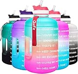 QuiFit Motivational Gallon Water Bottle - with Straw & Time Marker BPA Free Large Reusable Sport Water Jug with Handle for Fitness Outdoor Enthusiasts Leak-Proof (Green/Pink,1 gallon)