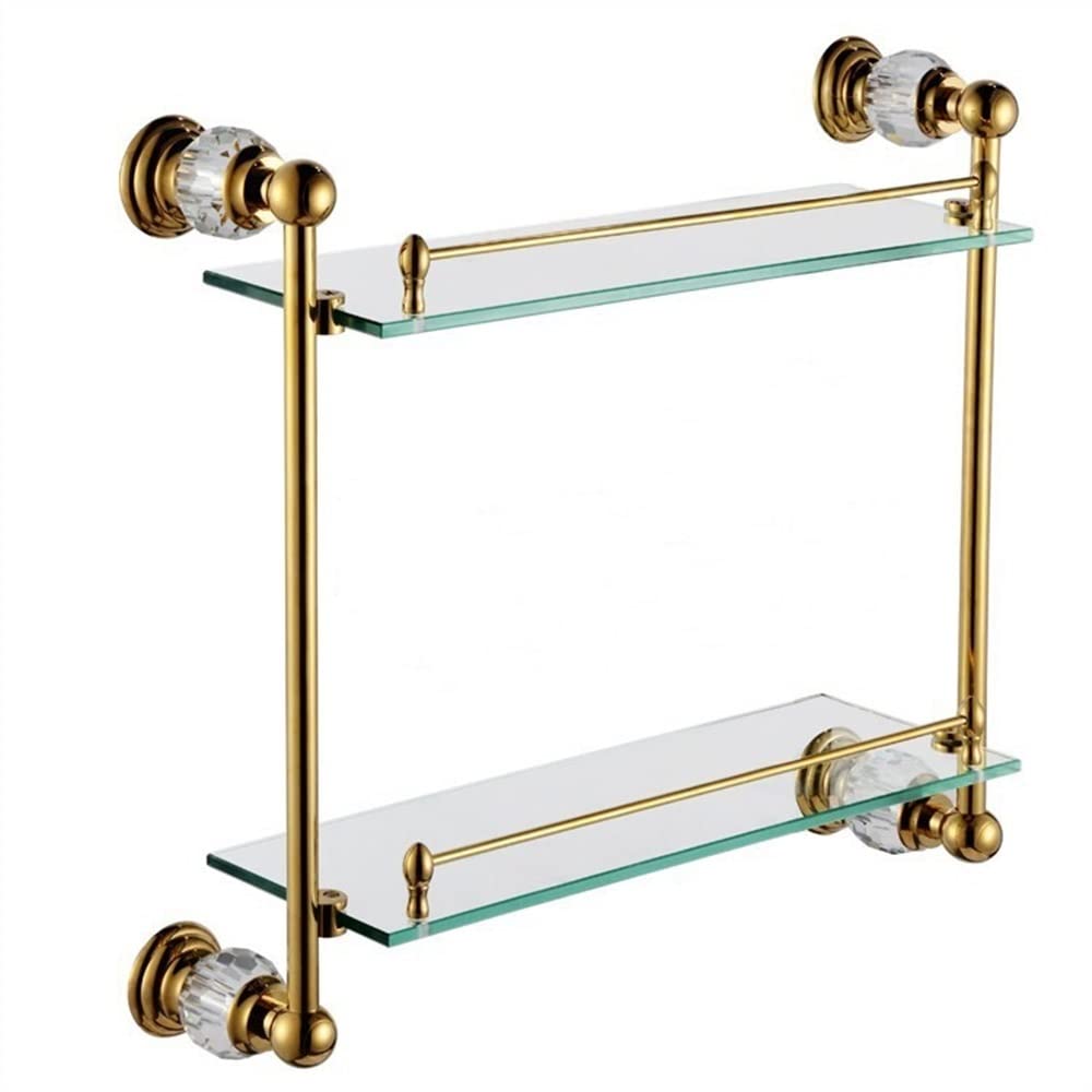 GTFDXJ Shower Caddy Crystal Brass Bathroom Double Shelf Pure Copper Glass Shower Caddy Shelf Organizer Rack Bathroom Hardware