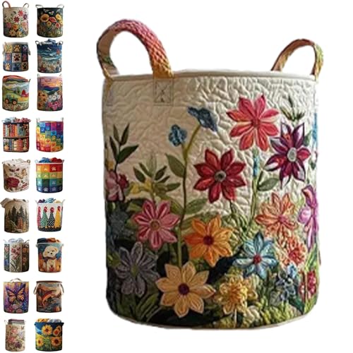 Image of Quilted Laundry Baskets with Handles, Large Floral Fabric Hampers, Extra Soft Boho Chic Storage Organizer for Nurseries, Collapsible Clothes Bins, Portable Bedroom Washing Container
