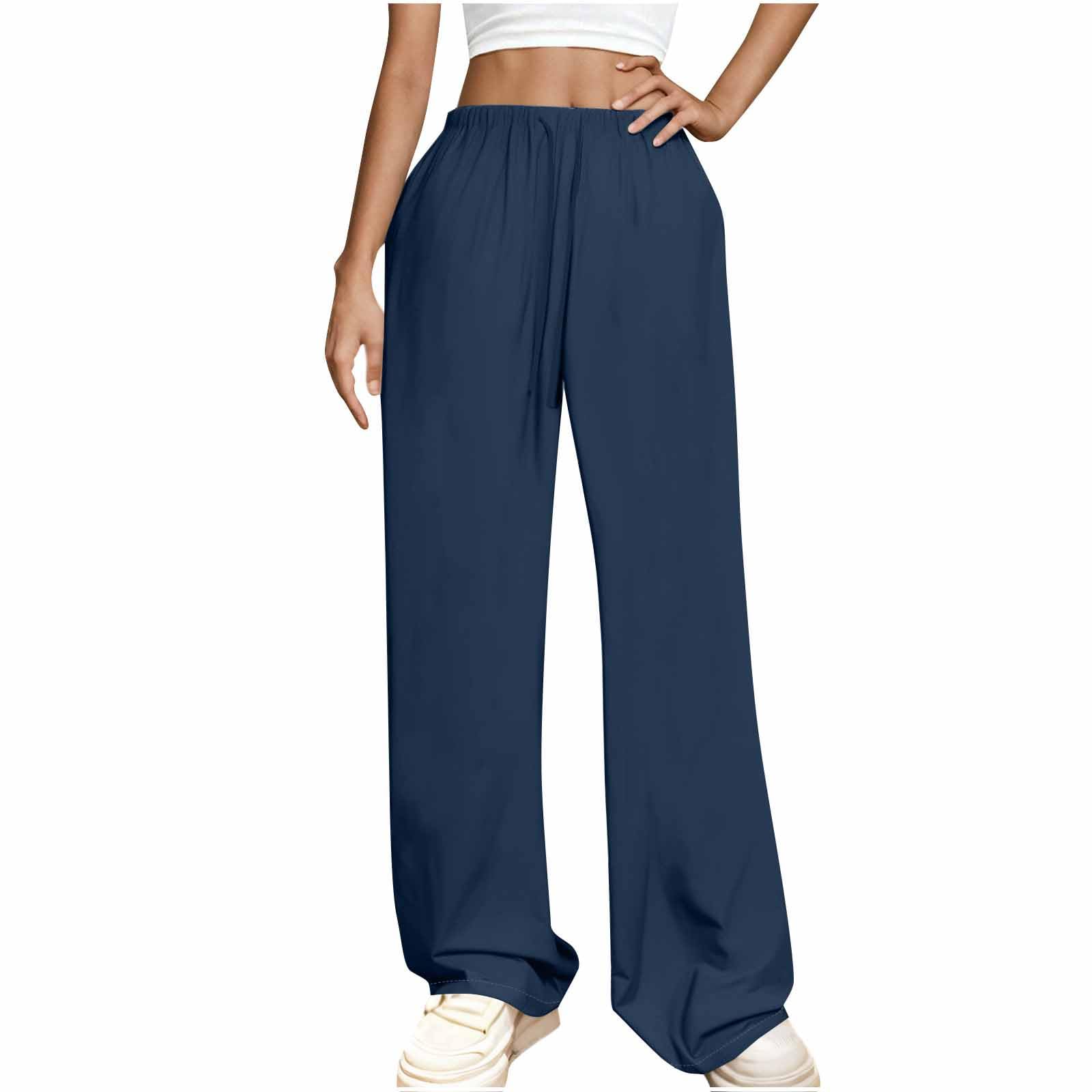 Womens Natural Rise Pants Straight Wide Leg Trousers High Waist Palazzo Pants Dance Workout Linen Pants with Pockets