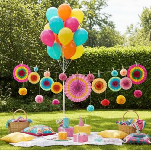 Image of 6 Pcs Multicolor Hanging Fiesta Paper Fans for Birthday Decoration Party Decoration Diwali Wedding (Pack of 6)