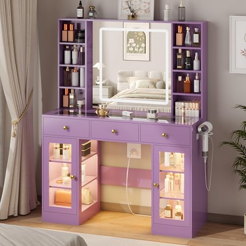Image of Purple Vanity Desk with Mirror and Lights, Glass Top Vanity with Lighted Mirror & RGB Cabinet and 3 Drawers, Dressing Table with 8 Shelves, Makeup Desk with Lights for Girls Bedroom, 3 Color Modes