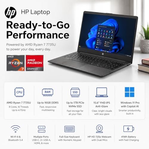 Image of HP 255 G10 15.6 inch FHD Business Laptop, Powerful AMD Ryzen 7 7735U, 8GB DDR5 RAM, 512GB PCIe SSD, AI Copilot Key, Numeric Keypad, USB Type-C, HDMI, Wi-Fi 6, Windows 11 Pro