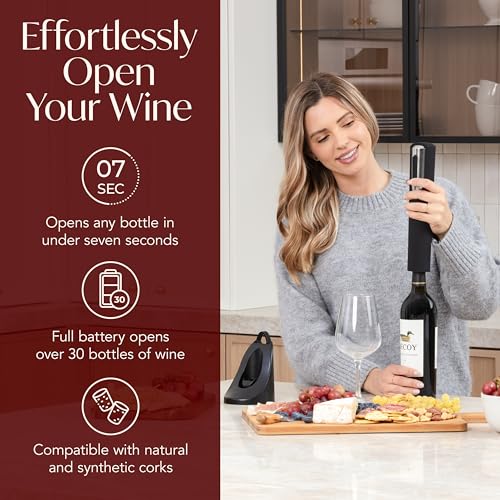 Rechargeable Electric Wine Bottle Opener - Charging Base and Foil Cutter Included with Automatic Wine Opener - Electric Corkscrew for Easy Cork Removal - Best Gift for Wine Lover (Black & Silver) - Image 2