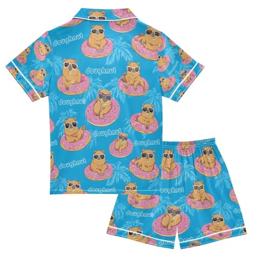 senya Capybara Swimming Circle Satin Summer Pajama Sets Silk Short Sleeve Button Down Sleepwear2