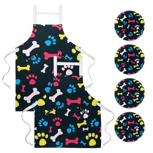 Lot de 2 tabliers de cuisine avec motifs de pattes de chien et os pour restaurant
