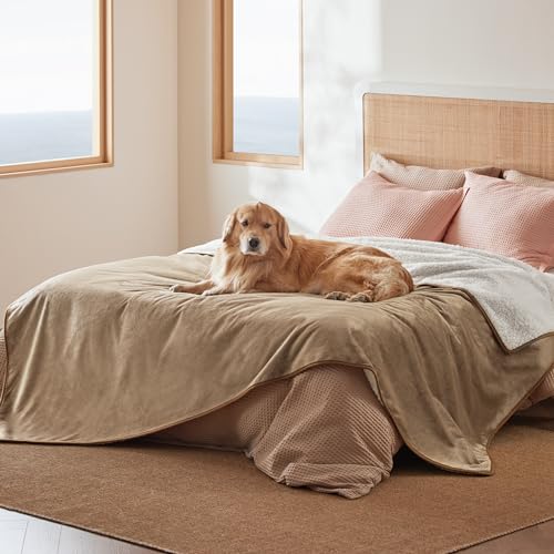 Image of Bedsure Waterproof Blanket for Bed - Sherpa Fleece Waterproof Dog Blankets for Large Dogs, Pet Blankets for Bed /Couch /Dog Crate, Soft Plush Reversible Furniture Protector, Queen Size, 90 inchx86 inch, Camel