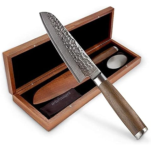 adelmayer® Damastmesser - Santoku Messer (Klinge: 17,5 cm) aus japanischem Damast-Stahl (handgeschliffen) - scharfes Küchenmesser mit Walnussholz-Griff, Messerhülle & edler Holz-Box Cover