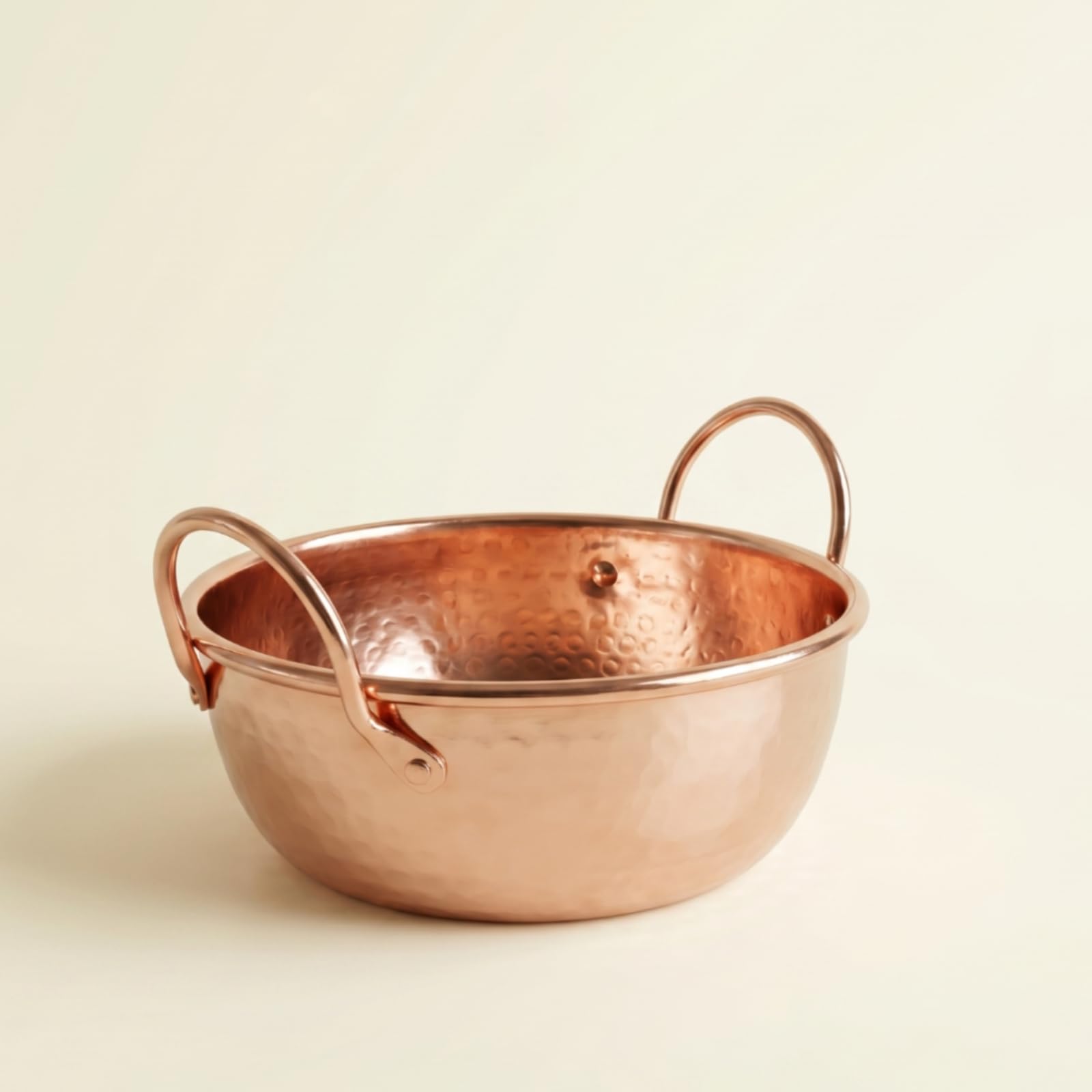 Manual Cazo Cobre Martillado Recipiente Cocina Olla Compacta con Exterior Pulido y Dos Asas para Preparar Cocinar Fideos Servir Platos Individuales en Estufa Hogar, Fondo Redondo, Engrosado