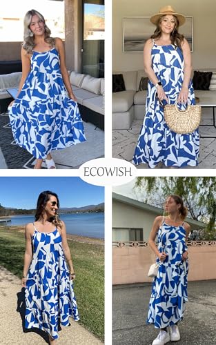 Image of ECOWISH Women Sleeveless Maxi Dress: Summer Spaghetti Strap Casual Loose Boho Beach Dress Asymmetric Tiered Flowy Long Dress