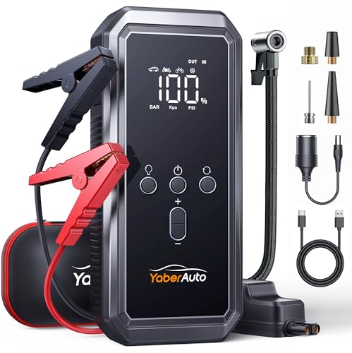 Avviatore Emergenza per Auto con Compressore 150PSI 8000A 21800mAh, YaberAuto Booster Avviamento Auto/Moto (Tutti Gas/10.0L Diesel), 12V Starter Batteria con Ricarica Rapida 18W,Uscita DC 160W,Torcia