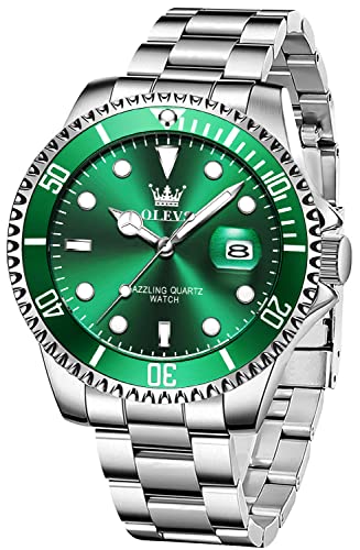 Image of OLEVS Watches for Men Classic with Date Business Dress Luxury Big Face Green /Black /Blue Waterproof Luminous Mens Wrist Watch Analog Two Tone Stainless Steel Men Watch