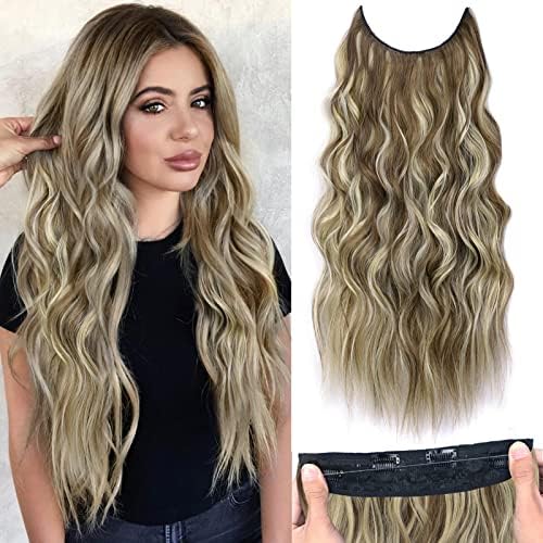 Rosooi 24 Inch Invisible Wire Hair Extensions with Adjustable Transparent Wire Synthetic Long Wavy Hairpieces with 4 Secure Clips in Hair Extensions for Women Daily Party Use (24 Inch, Medium Brown Ash Blonde)