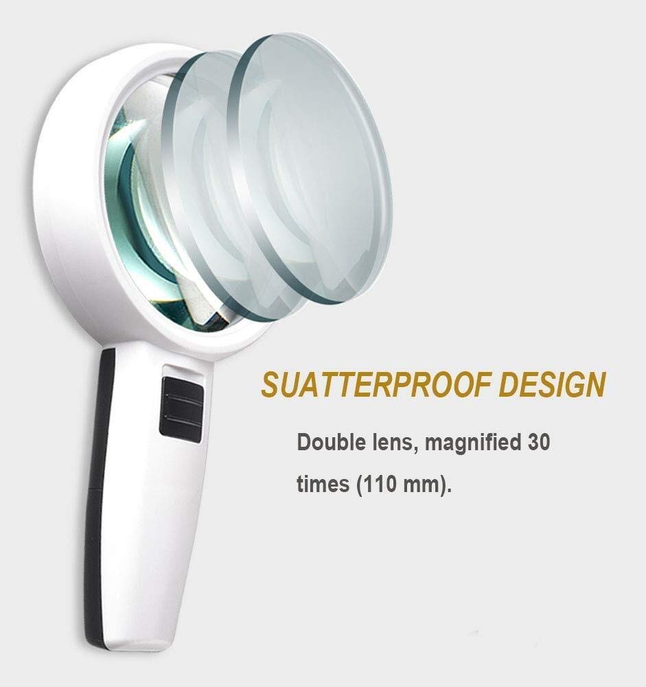 Lupa Boutique, Lupa Portátil, Lupa Led 30x, Lupa Iluminada de Mano con 3 Luces Led, Lupa de Lectura, Lente de Doble Cristal