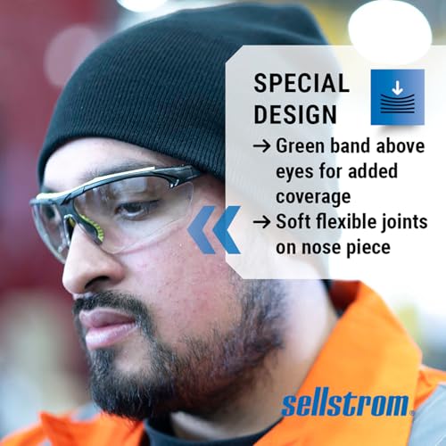 Sellstrom Stylish, Slip-Resistant, Lightweight, Anti-Fog Coating Protective Eyewear Safety Glasses, Clear Lens, Light Frames, Ultra-Thin Co-Molded Temples, Soft Nose Piece (Qty 1), Black/Green, S72000