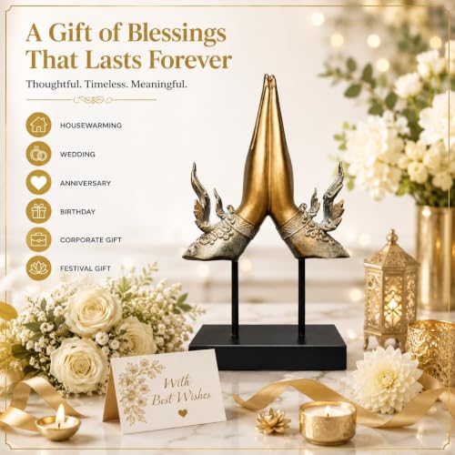 Image of ARMONIA Divine Blessing Mudra Figurine, Premium Polystone Hand Sculpture with Antique Golden Finish, Luxury Decorative Showpiece for Living Room, Office, Shelf, Tabletop & Home Decor, 13.3 Inches