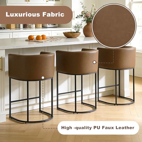 Image of 26 inch Counter Height Bar Stools Set of 3, Faux Leather Upholstered Barrel Chairs with Back and Arms, Metal Frame Kitchen Island Stools with Footrest, Cognac Brown