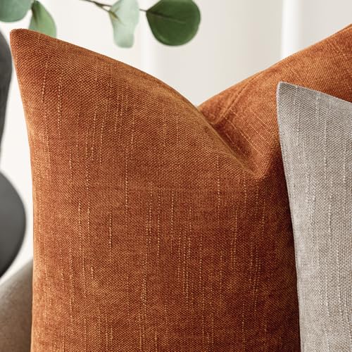 Image of Foindtower Pack of 2 Soft Textured Chenille Throw Decorative Pillow Covers Square Accent Solid Cushion Cover Cozy Neutral Farmhouse Pillow Case for Couch Sofa Bedroom Living Room 26x26 Inch,Orange