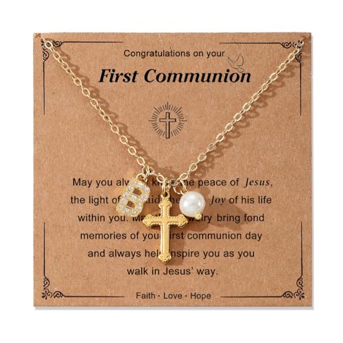 Collar de cruz de perlas con inicial personalizada para niñas