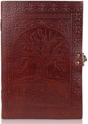 Handmade Leather Embossed Tree of Life Journal Diary with Strap Closure Blank Book (10x7 Inch)