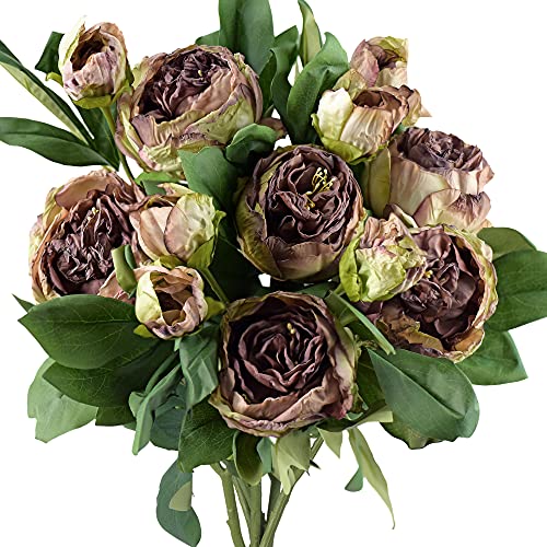 Image of FiveSeasonStuff Vintage Walnut Brown Peonies - Realistic Artificial Silk Flowers with Dry-Look Petals, 6 Stems for Rustic Home & Wedding Floral Arrangements