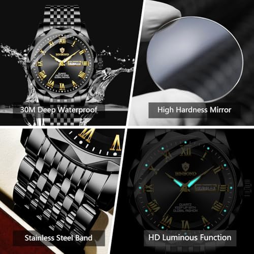 Image of BINBOND Men's Watch Luxury Business Dress Analog Quartz Stainless Steel Casual Date Wrist Watches for Men Easy Read Roman Numeral Large Dial Waterproof Luminous