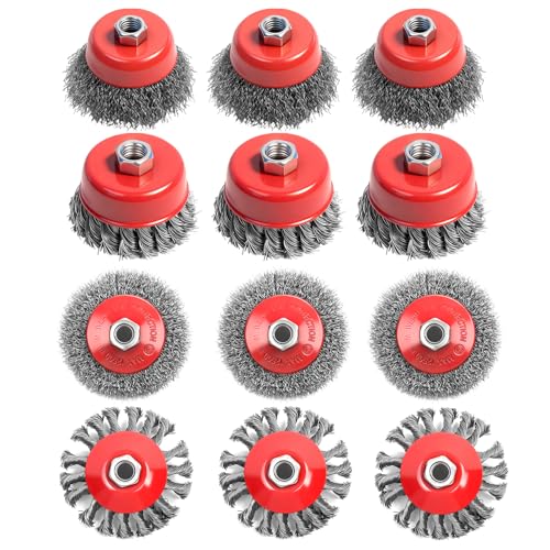 12 Pack Wire Wheel for Angle Grinder Twist Knotted Coarse Crimped Wheels Carbon Steel Wire Cup Brush for 4-1/2 Angle Grinder with 5/8-11UNC Threaded Arbor for Heavy-Duty Rust Removal Polishing