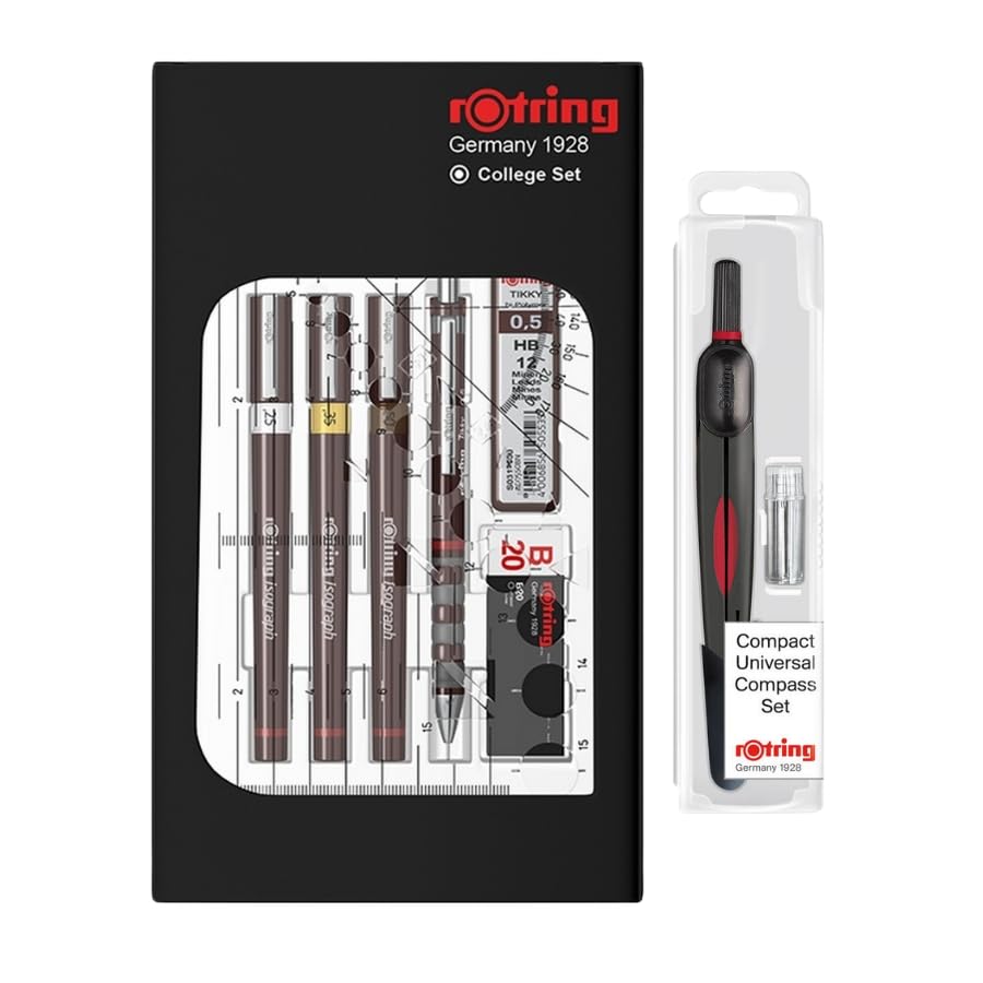 rOtring Isograph Technical Pen Set & Pencil College Set S0699370 | 3 Pens (0.20mm, 0.30mm, 0.50mm) and Mechanical Pencil (0.5mm) | Accessories with with Compact Universal Compass - Image 2