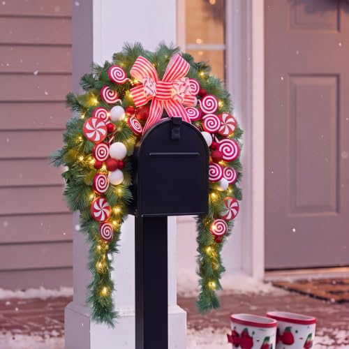Image of Yinder 24 inch W Christmas Mailbox Wreath Swag with Red White Bow, LED Lights