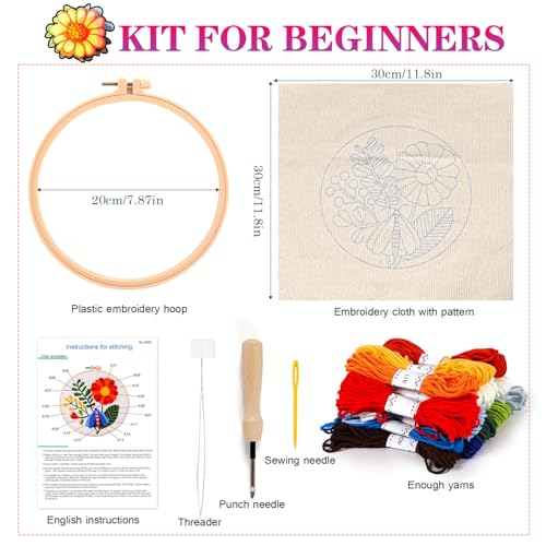 Image of KESTAR Punch Needle Embroidery Starter Kits, Flower Dragonfly Punch Needle Kits for Adults Beginner, Needle Punch Kit Tool with Instruction Threader Fabric Yarns and Hoop
