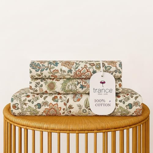 Image of Trance Home Linen 144TC 100% Cotton 84 inchx78 inch Elastic Fitted Bedsheet Super King Bed Size | Printed Fitted Sheet | Elasticated Fitted Bedspread with 2 Pillow Covers (84x78 inch, Malhaar Beige)