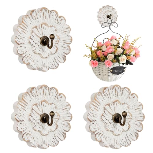 Weysat 4 Pcs Decorative Wood Flower Hooks for Hanging Farmhouse B...
