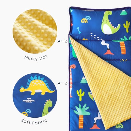 Wake In Cloud - Toddler Nap Mat with Pillow and Minky Fleece Blanket, for Kids Boys Girls in Daycare Preschool Kindergarten, Roll Up Sleeping Bag, Dinosaur Navy Blue, Standard Size - Thumbnail 6