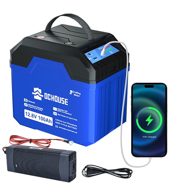 DC HOUSE 12V 100Ah 3.0 Trolling Motor Marine Battery with with 10A Charger, Bluetooth & Low Temp Cut-Off with SOC Status Indicators, USB-A, DC, USB-C Ports, Built-in 100A BMS, Up to 15000 Cycles