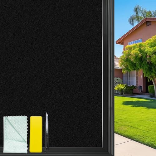 Bloss Blackout Window Film Privacy 100% Sun Blocking Privacy Film for Glass Removable Room Darkening Black Out Window Tint Static Cling Frosted Glass Film (Black/Matte 17.7 x 78.7)